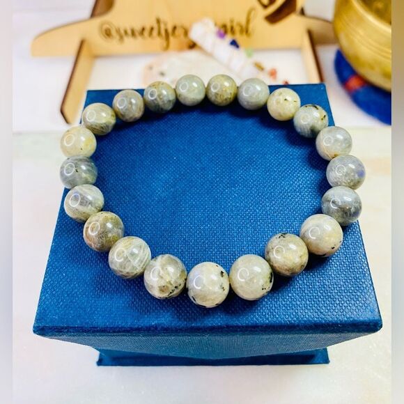 Handmade Gray Labradorite Gemstone Bead Unisex Stretch Bracelet 10mm - Picture 7 of 7